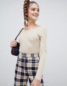 Monki Scoop Back Ribbed Jersey Top In Beige - Beige