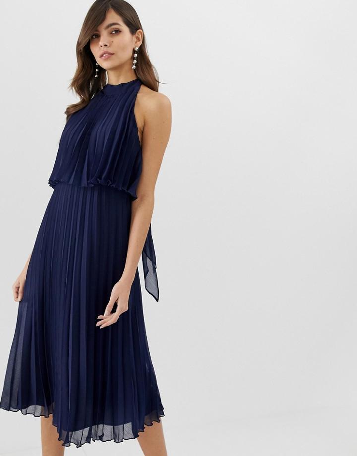 Asos Design Halter Tie Neck Midi Dress In Pleat - Navy