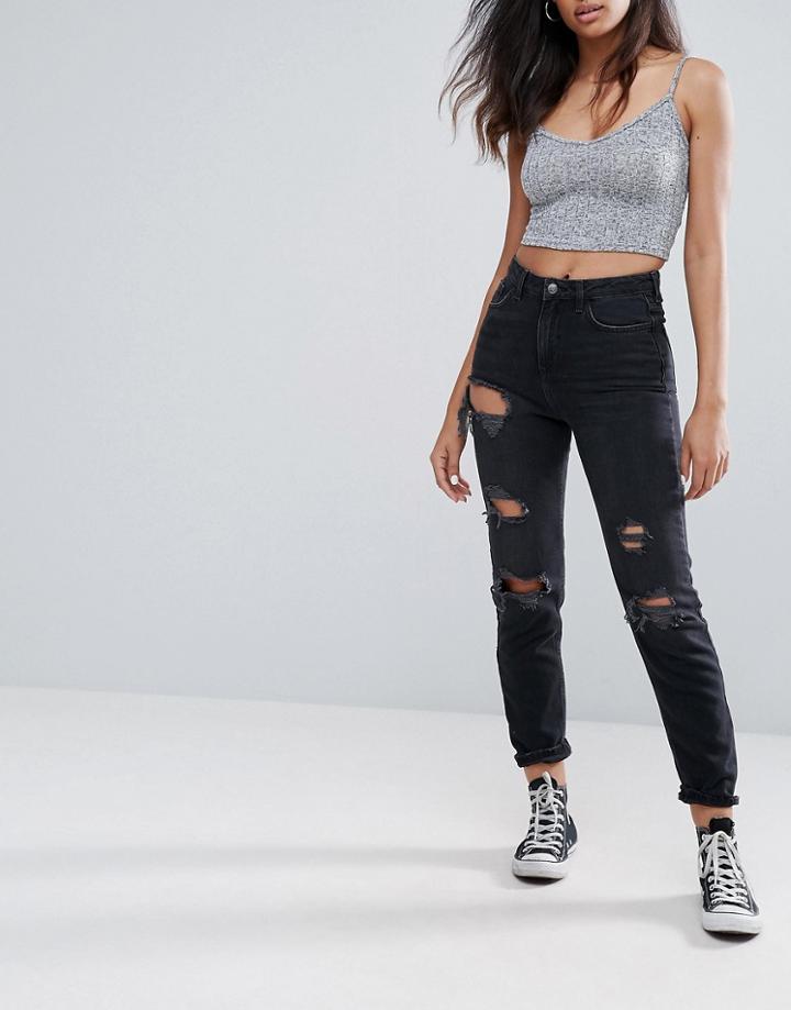 New Look Washed Rip Mom Jeans - Black