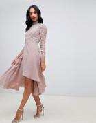 Asos Design Midi Dress With Long Sleeve Embellished Bodice - Pink