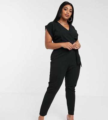 Boohoo Plus Basic Wrap Jumpsuit With Tie Side In Black - Multi