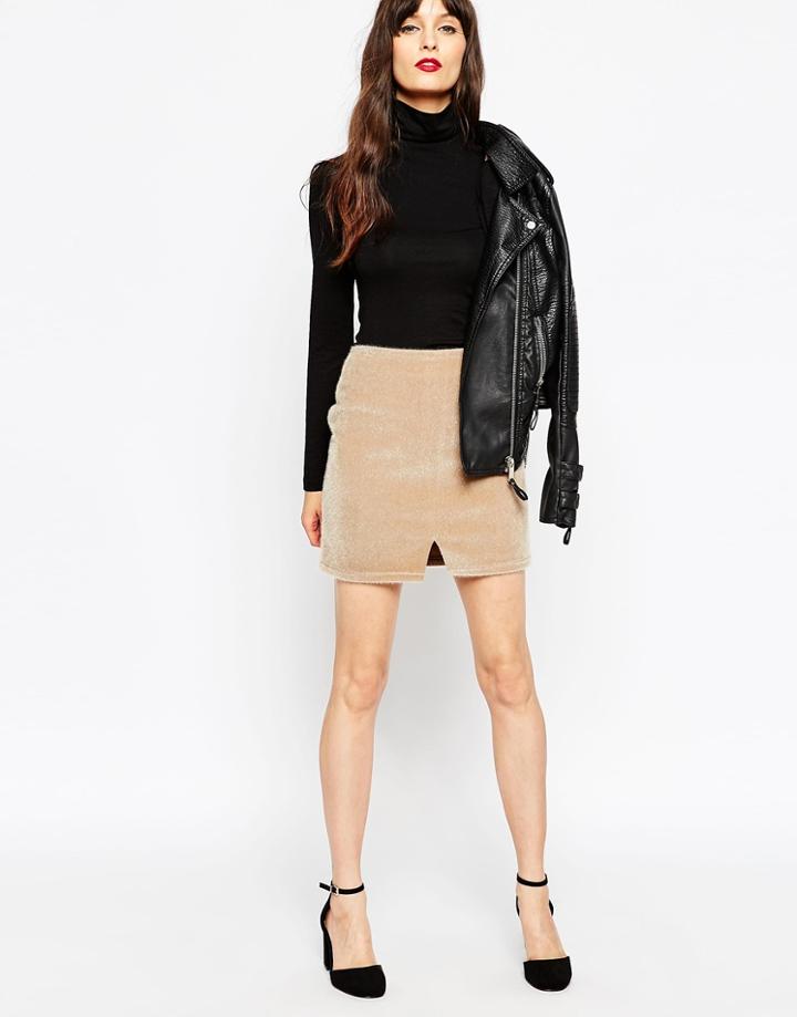 Asos Mini Skirt In Faux Pony Skin Notch Hem - Cream