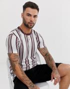 Asos Design Vertical Stripe T-shirt In Burgundy - White