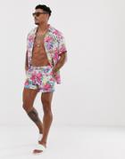 Asos Design Two-piece Swim Shorts In Painted Floral Print In Short Length - Pink