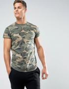 Hollister Crew T-shirt Slim Fit Scallop Hem Logo In Green Camo - Green