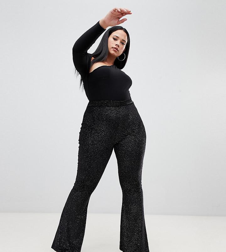 Fashionkilla Plus Flared Pants Two-piece In Black Glitter - Black