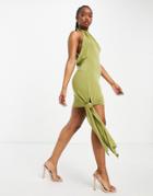 Asos Luxe Knot Halter Mini Dress In Slub In Olive-green