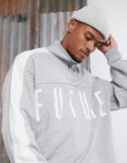 Asos Design Funnel Neck Sweatshirt With Side Stripe & Half Zip With Dark Future Logo - Gray