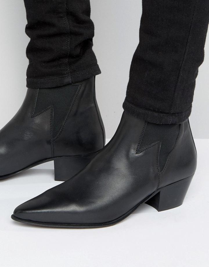 Asos Cuban Heel Boots In Black Leather With Lightening Detail - Black