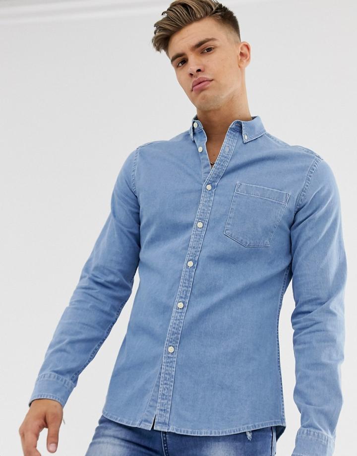 Asos Design Stretch Slim Denim Shirt In Light Wash