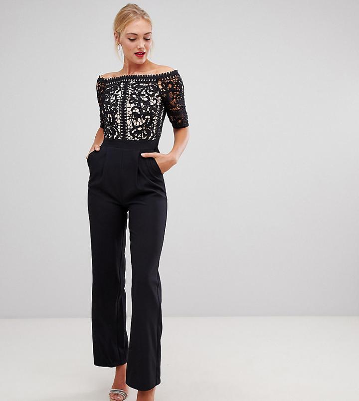 Little Mistress Tall Lace Applique Top Tailored Jumpsuit-black
