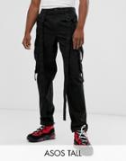 Asos Design Tall Cargo Pants In Black With Strapping