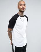 Asos Skater Fit T-shirt With Contrast Raglan & Curved Hem In White And Black - White