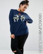 Asos Curve Holidays Sweater With Kissing Reindeers - Navy