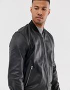 Asos Design Leather Bomber Jacket In Black