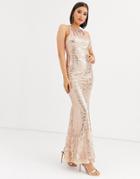 Club L London Cut Out Back Fishtail Sequin Maxi Dress-gold