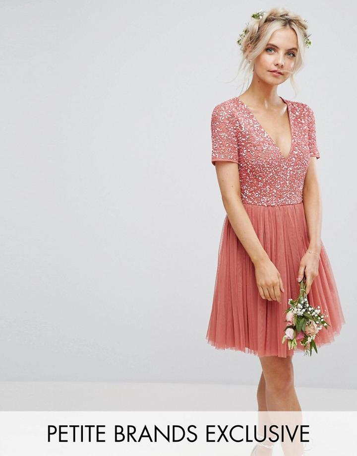 Maya Petite Plunge Neck Embellished Top Mini Dress With Tulle Skirt - Pink