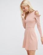 Asos Skater Dress With Frill Detail And Cut Out Shoulder - Pink