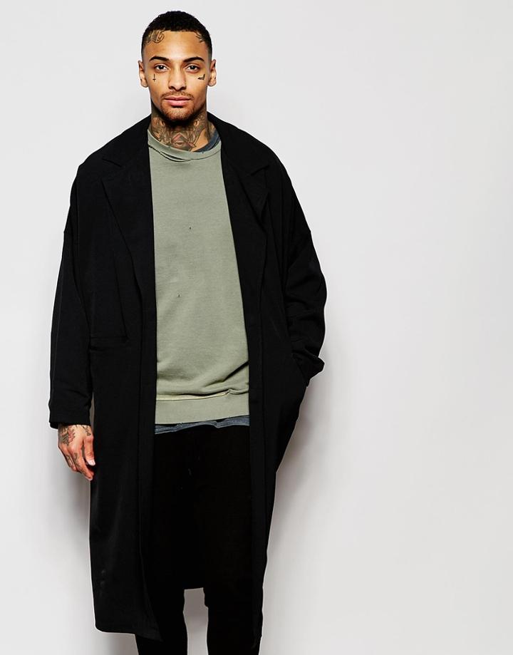 Asos Duster Coat With Magnet Fastening In Black - Black