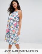 Asos Maternity Nursing Grid Check And Floral Midi Dress - Multi