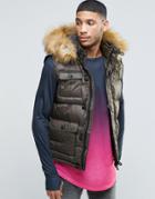 Siksilk Padded Vest Jacket With Faux Fur Hood - Green