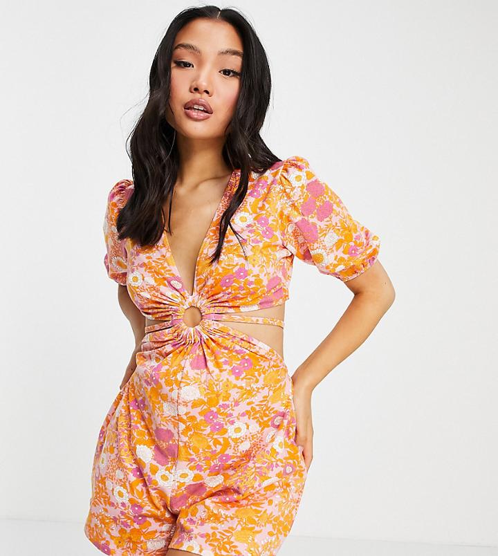 Asos Design Petite Ring Detail Romper In Pink Retro Floral-multi