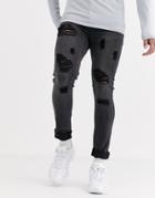 Liquor N Poker Skinny Fit Jeans With Rips In Dark Gray Wash
