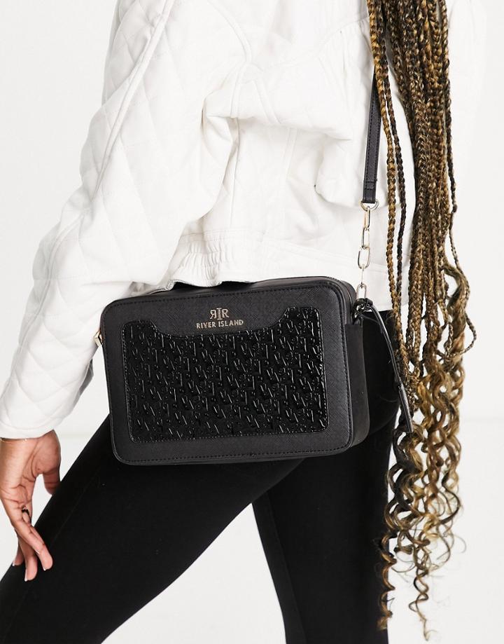 River Island Cross Body Embossed Boxy Bag In Black