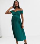 Asos Design Maternity Lace And Pleat Bardot Midi Dress-green