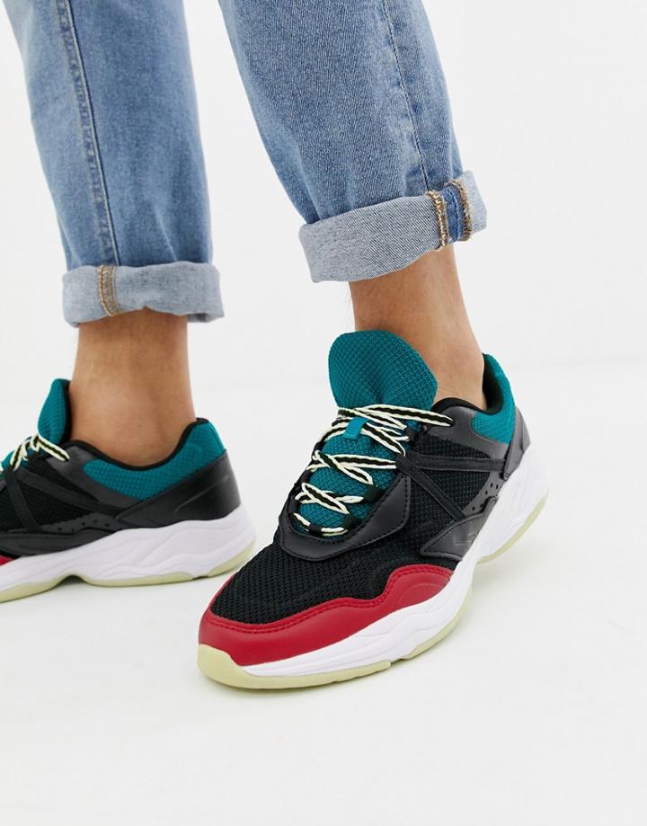 Pull & Bear Chunky Sneaker With Color Block In Black - Black