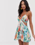Asos Design Cut Out Beach Dress In Stripe Palm Print - Multi