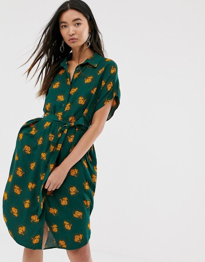 Monki Cat Print Tie Waist Shirt Dress In Dark Green