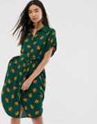 Monki Cat Print Tie Waist Shirt Dress In Dark Green