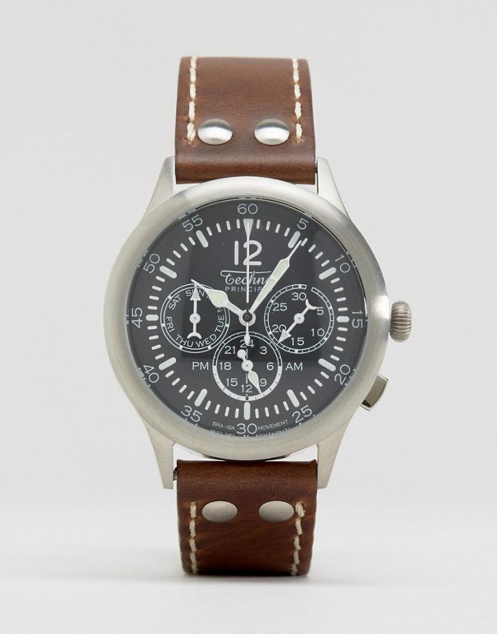 Techne Merlin Chronograph Leather Watch In Brown - Brown
