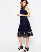 Warehouse Floral Mesh Lace Full Midi Skirt - Navy