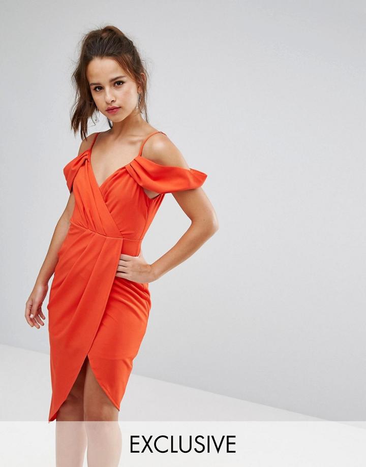 Ginger Fizz Wrap Front Dress With Cold Soulder Detail And Asymmetric Hem - Red