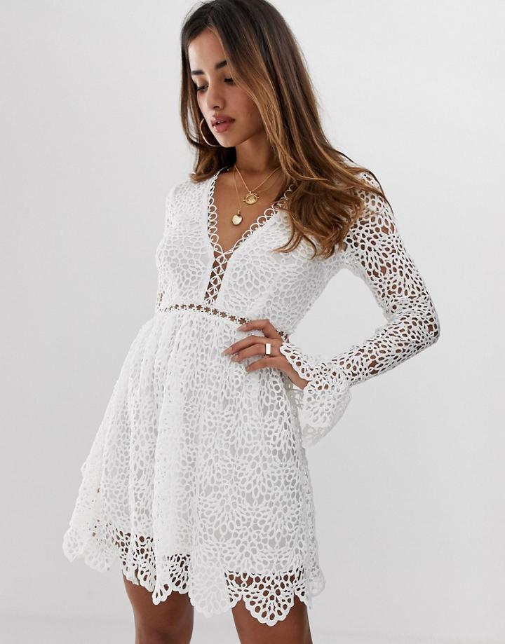 Boohoo Lace Skater Dress With Flared Cuffs In White - White