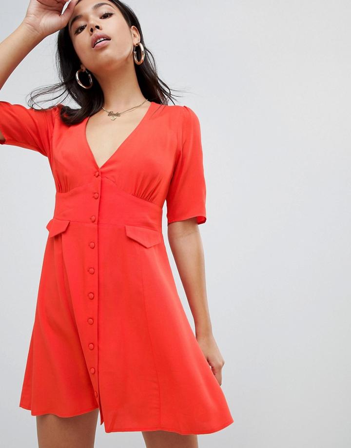 Asos Design Button Through Mini Skater Dress With Pockets - Red