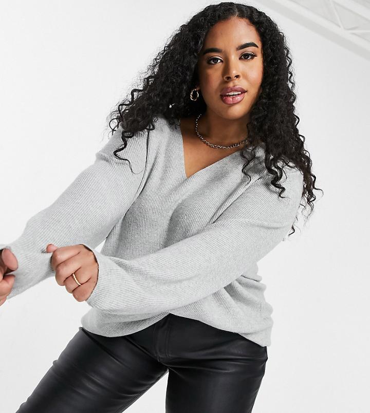 Only Curve V Neck Sweater In Gray-grey