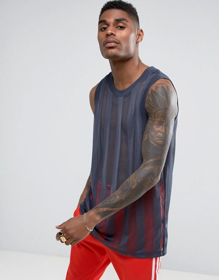 Asos Oversized Tank With Vertical Mesh Stripe In Navy - Navy