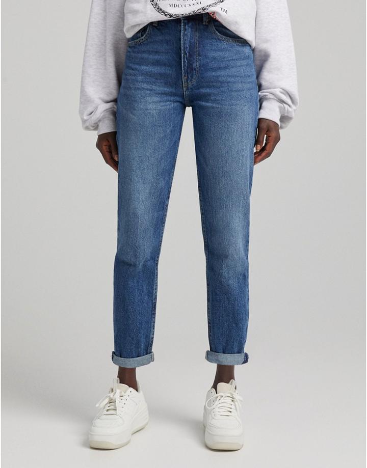 Bershka Mom Jean In Dark Stone-blues