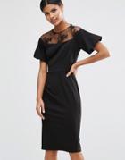 Asos Pencil Dress With Lace Yoke And Puff Sleeve - Black