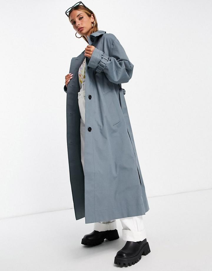 Asos Design Sharp Collar Trench Coat In Blue-blues