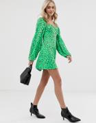 Asos Design Mini Dress With Sweetheart Neck In Green Spot-multi