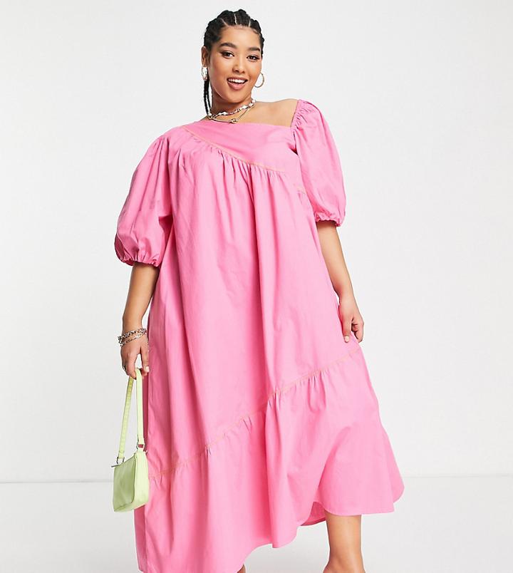 Native Youth Plus Poplin Maxi Smock Dress With Contrast Binding-pink