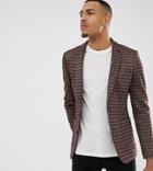 Asos Design Tall Skinny Blazer In Gray Red And Gold Sparkle Check - Gray