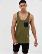 Asos Design Extreme Racer Back Tank With Contrast Pocket In Green