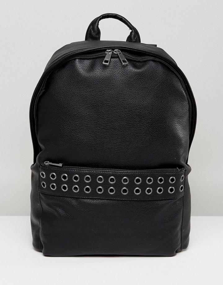 Asos Backpack In Grain Faux Leather With Eyelet Detail - Black