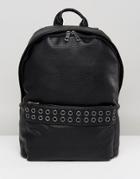 Asos Backpack In Grain Faux Leather With Eyelet Detail - Black