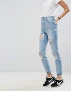 Asos Farleigh High Waist Slim Mom Jeans In Sweet Mid Stonewash With Bu